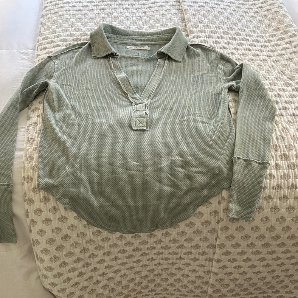 We the free by free people Light Sage Waffle Knit Polo Pullover.